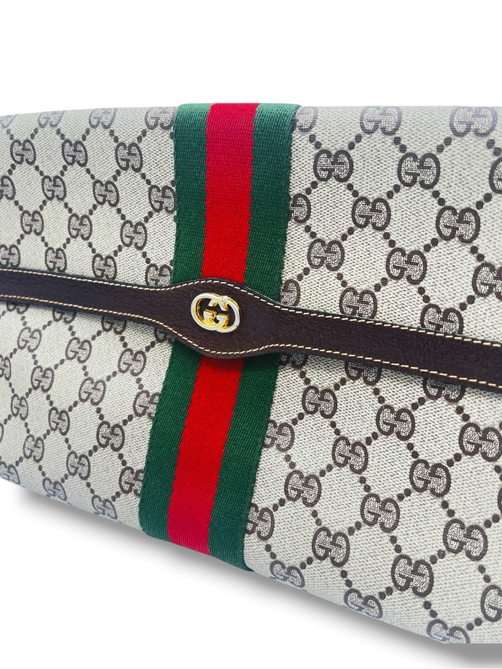 Auth Gucci Brown Ophida Large Clutch Bag sherry Web stripe GG Supreme vintage 🤩